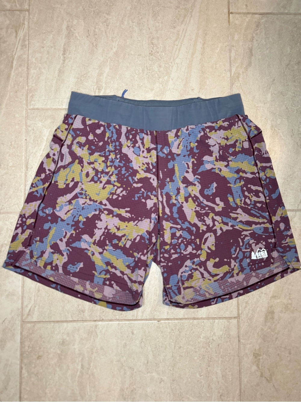 REI Men's Purple Multi Camo Athletic Shorts with Blue Waistband